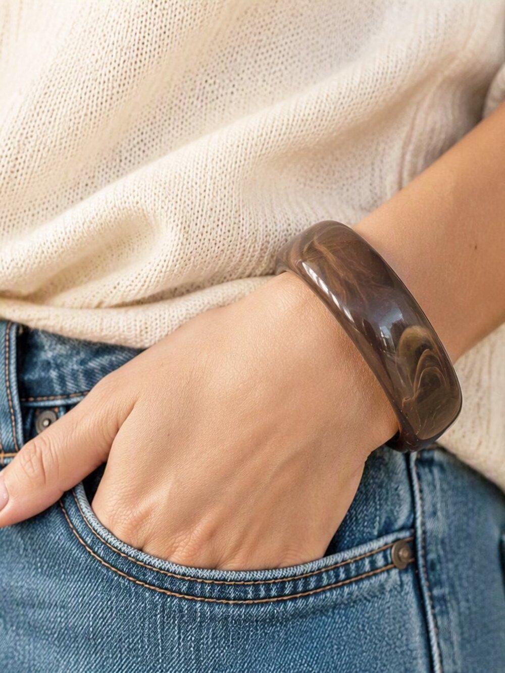 Mid Century Marbled Celluloid Lucite Brown and Beige Swirl Bangle Bracelet